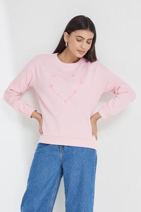embroidered round neck cotton blend women's sweatshirt - pink