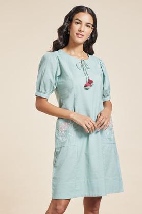 embroidered round neck cotton flex women's knee length dress - green