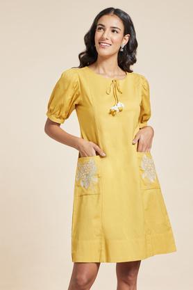 embroidered round neck cotton flex women's knee length dress - yellow