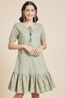 embroidered round neck cotton slub women's midi dress - sage