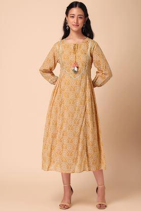 embroidered round neck cotton women's ankle length dress - yellow