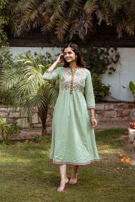 embroidered round neck cotton women's calf length dress - green