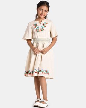 embroidered round-neck fit & flare dress