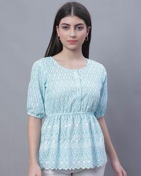 embroidered round-neck flared top