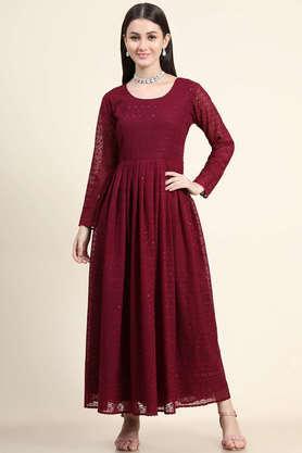 embroidered round neck georgette women's gown - maroon