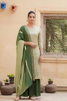 embroidered round neck georgette women's salwar kurta dupatta set - green