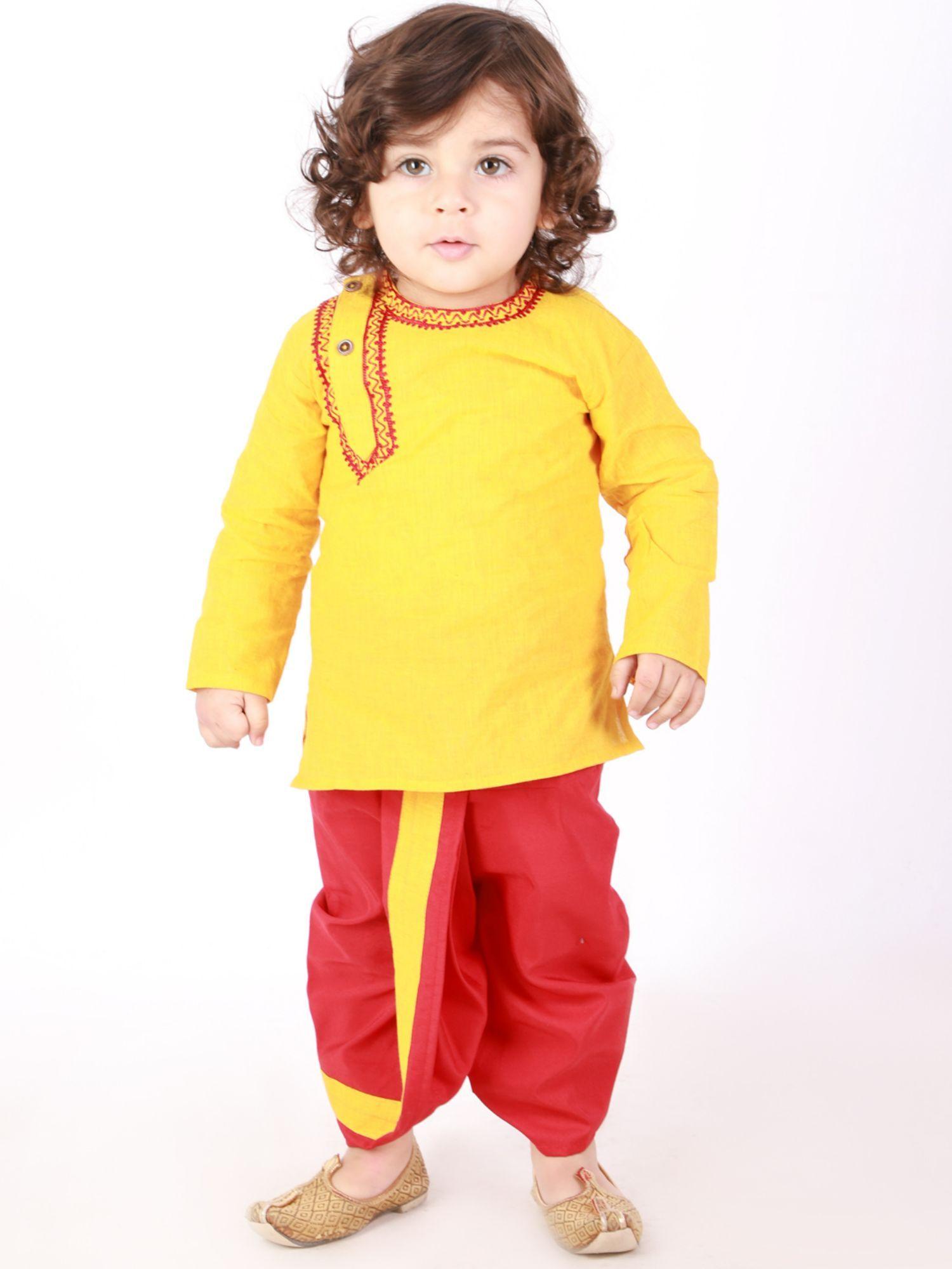 embroidered round neck kurta dhoti-yellow (set of 2)