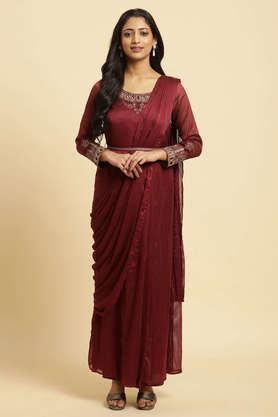 embroidered round neck polyester women's saree style dress - maroon