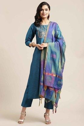 embroidered round neck silk blend women's ethnic set - peacock