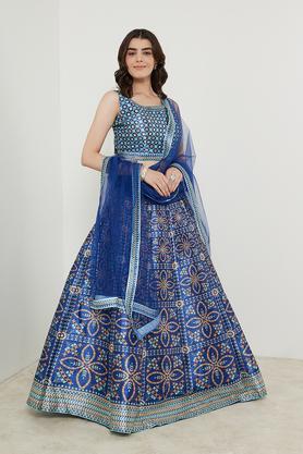 embroidered round neck silk women's lehenga choli set - royal blue