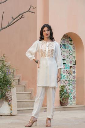 embroidered round neck silk women's tunic & trousers co-ord set - ivory