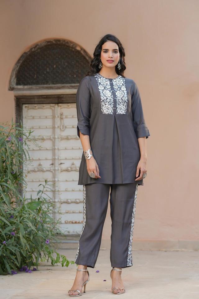 embroidered round neck silk womens tunic _ trousers co-ord set