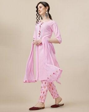 embroidered round-neck straight kurta set