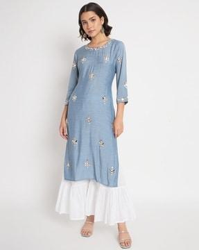 embroidered round-neck straight kurta set