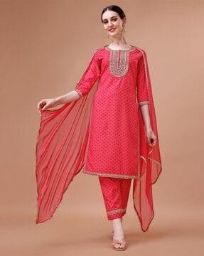 embroidered round-neck straight kurta suit set