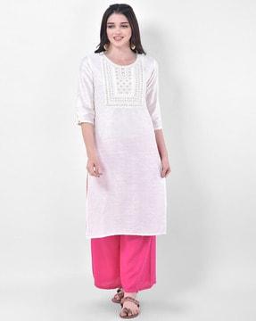 embroidered round-neck straight kurta