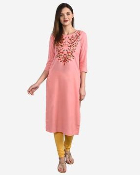 embroidered round-neck straight kurta