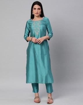 embroidered round-neck straight kurta