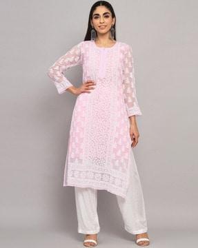 embroidered round-neck straight kurta