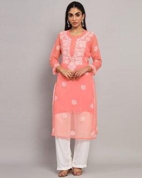 embroidered round-neck straight kurta