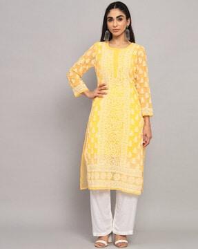 embroidered round-neck straight kurta