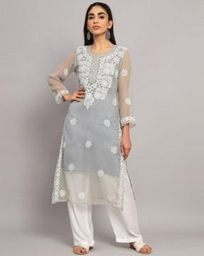 embroidered round-neck straight kurta