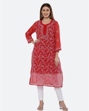 embroidered round-neck straight kurta