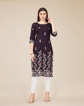 embroidered round-neck straight kurta