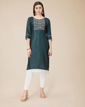 embroidered round-neck straight kurta