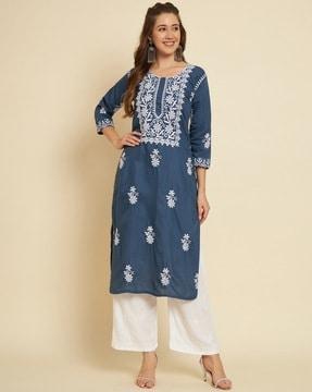 embroidered round-neck straight kurta