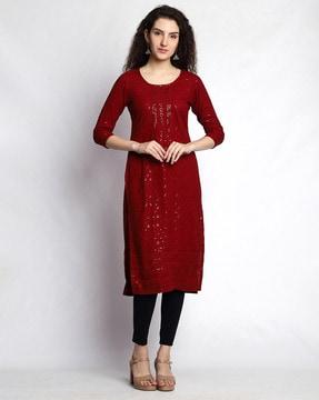 embroidered round-neck straight kurta