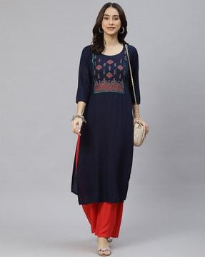 embroidered round-neck straight kurta