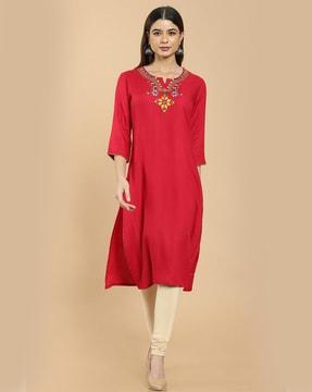 embroidered round-neck straight kurta