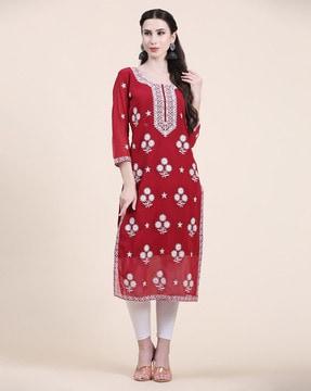 embroidered round-neck straight kurta