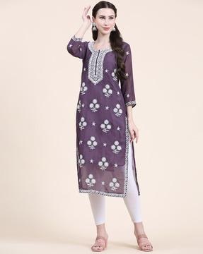 embroidered round-neck straight kurta