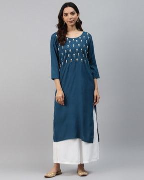 embroidered round-neck straight kurta