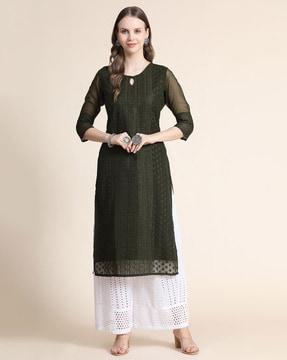 embroidered round-neck straight kurta