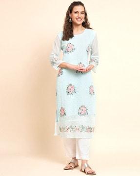 embroidered round-neck straight kurta