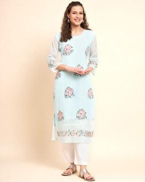 embroidered round-neck straight kurta