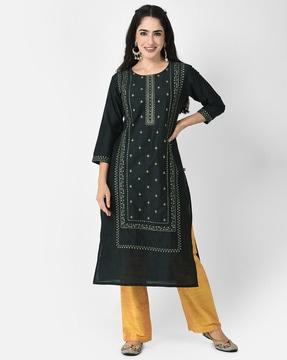 embroidered round-neck straight kurta