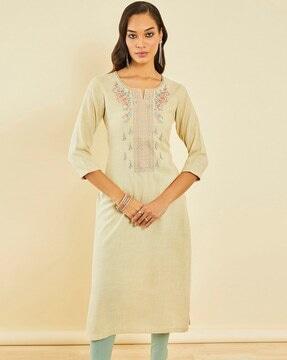 embroidered round-neck straight kurta