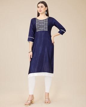 embroidered round-neck straight kurta