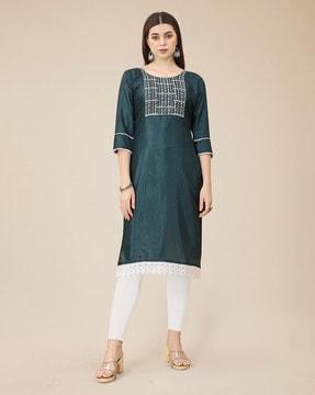 embroidered round-neck straight kurta