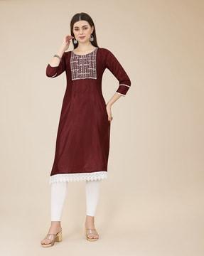 embroidered round-neck straight kurta