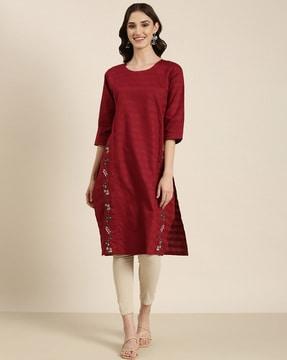 embroidered round-neck straight kurta