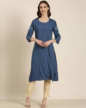 embroidered round-neck straight kurta