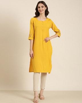 embroidered round-neck straight kurta