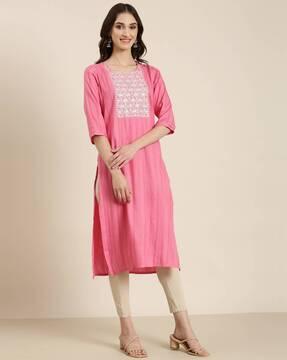 embroidered round-neck straight kurta