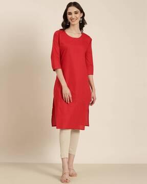 embroidered round-neck straight kurta