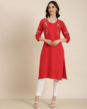 embroidered round-neck straight kurta